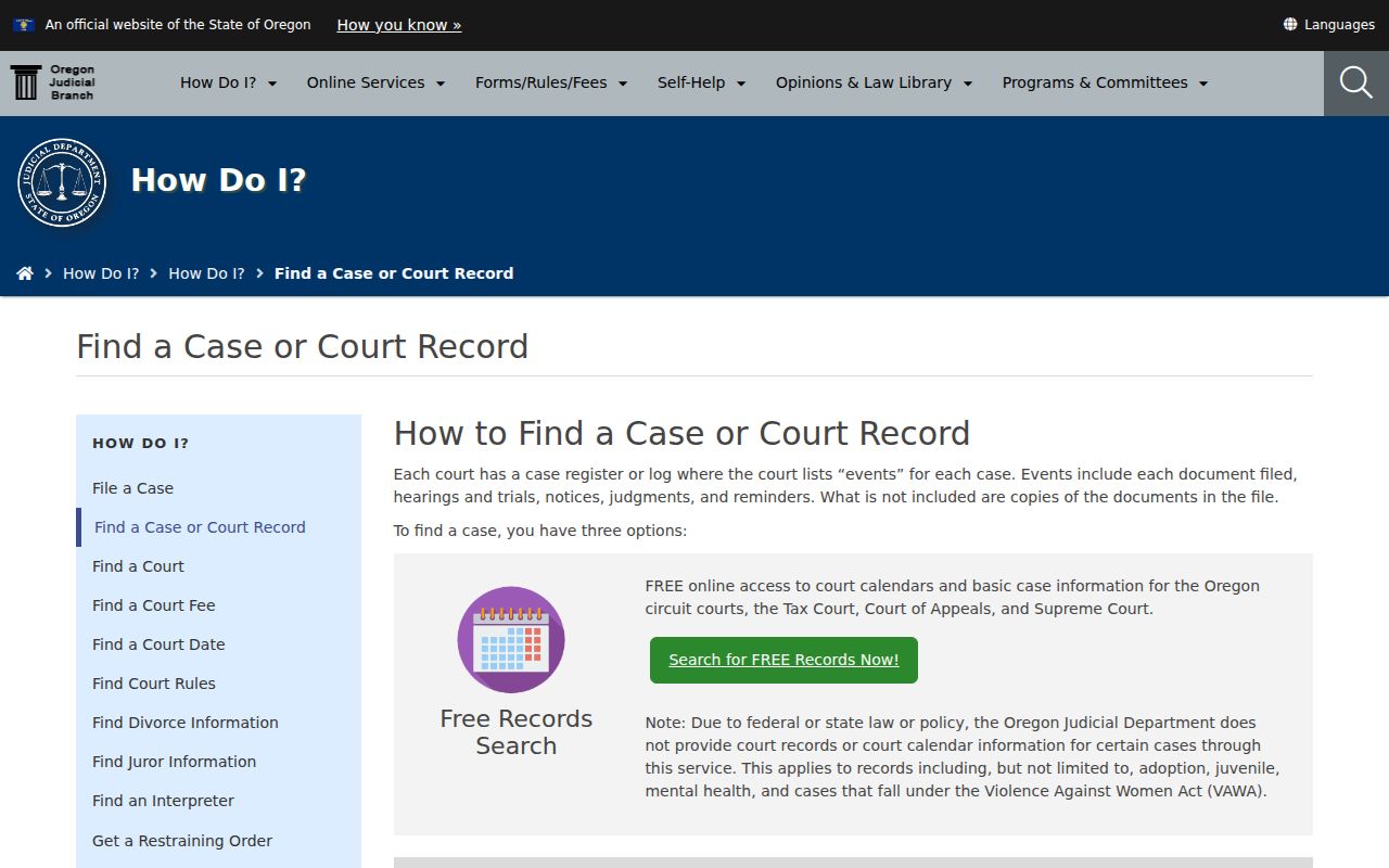 Salem residents directory Oregon Judicial Department record-access choices