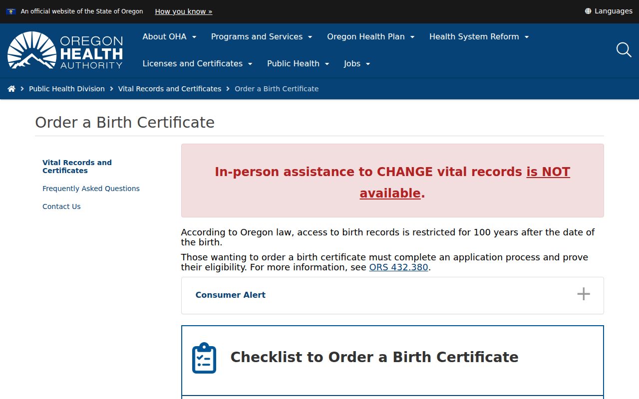 Salem residents directory Oregon Health Authority eligibility-controlled birth-certificate ordering