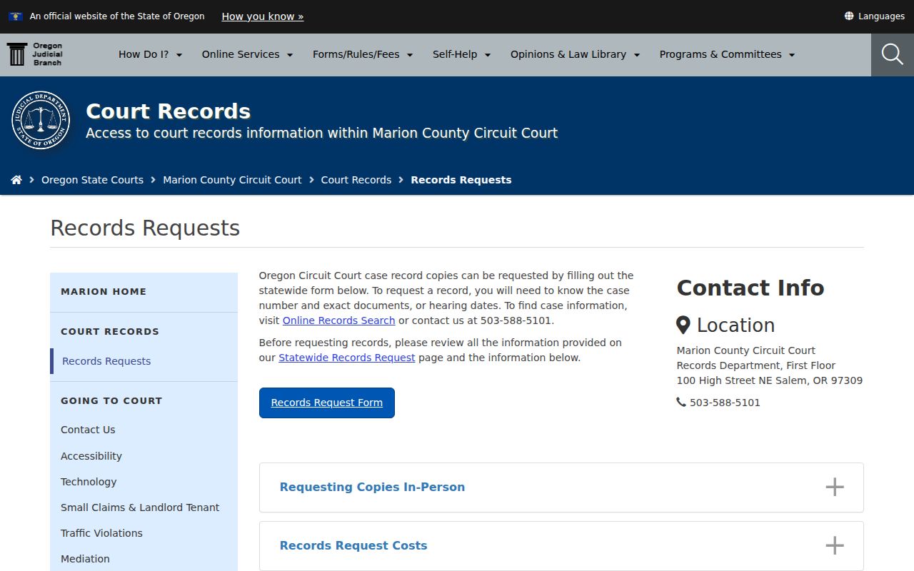 Salem resident lookup source showing Marion Circuit Court terminal and records-request access