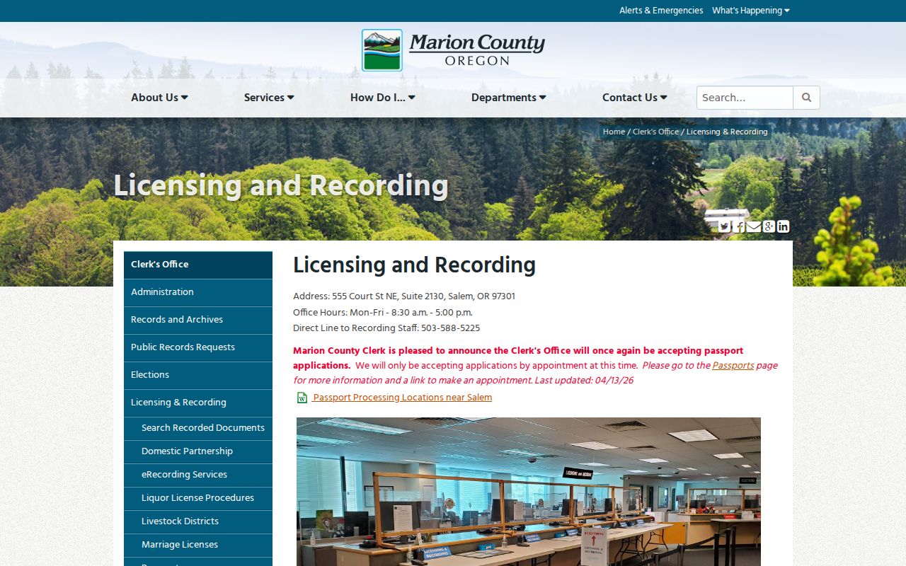 Marion County Clerk Licensing and Recording page for Salem recorded-document research