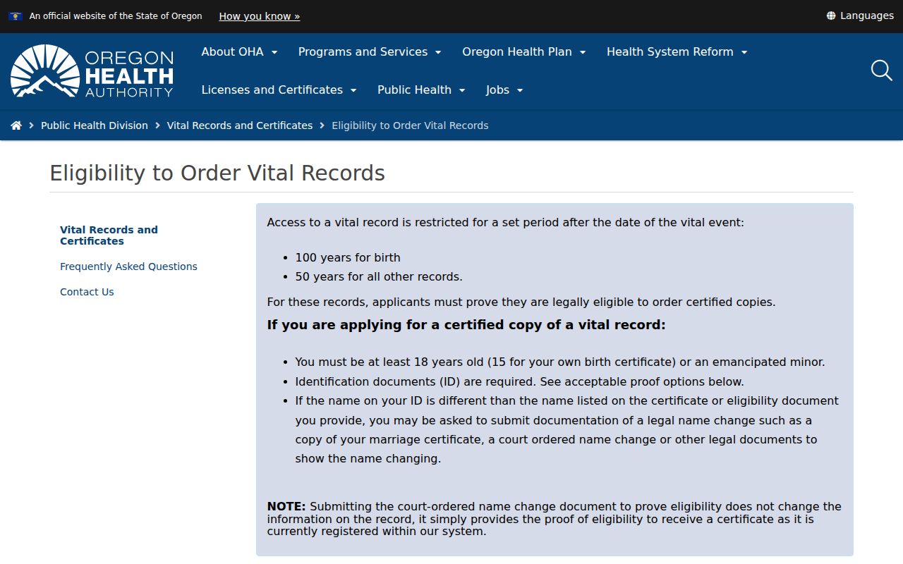 Salem resident lookup source showing Oregon Health Authority vital-record eligibility rules
