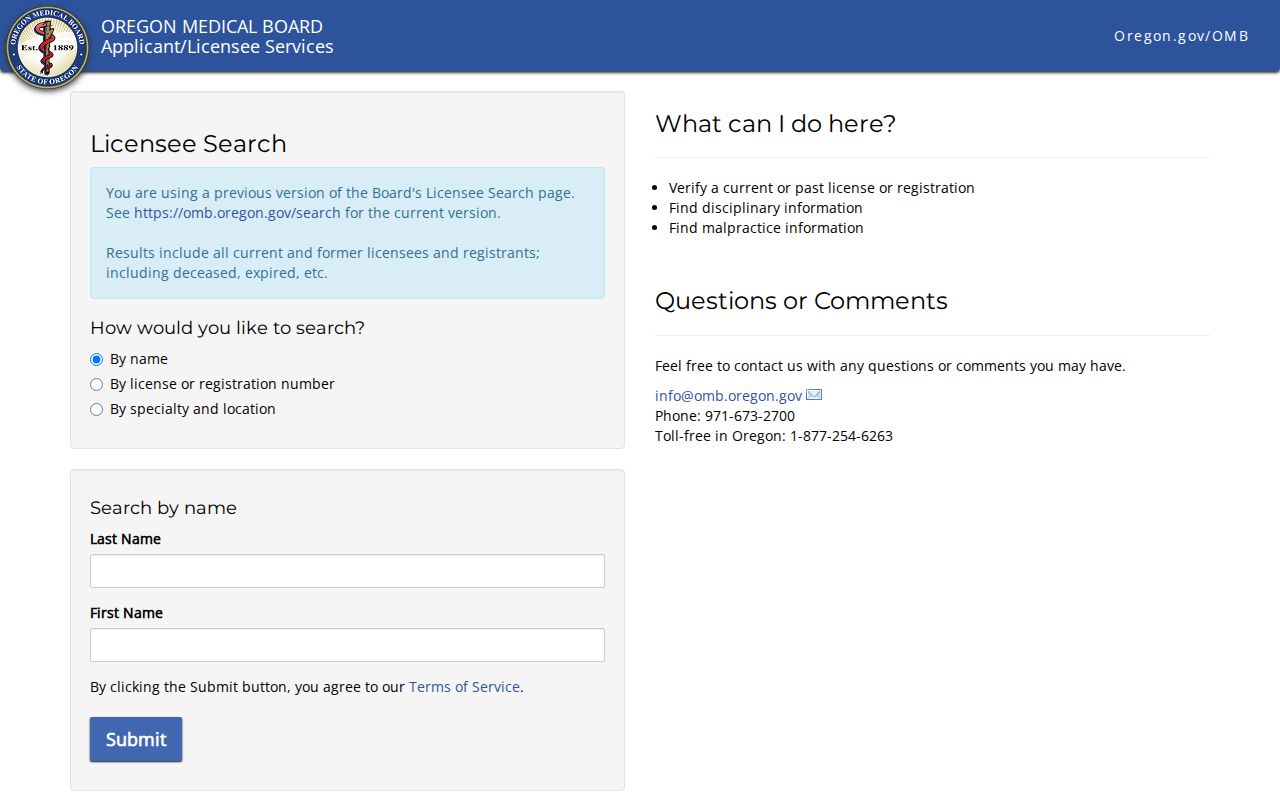 Salem resident lookup source showing Oregon Medical Board credential verification options