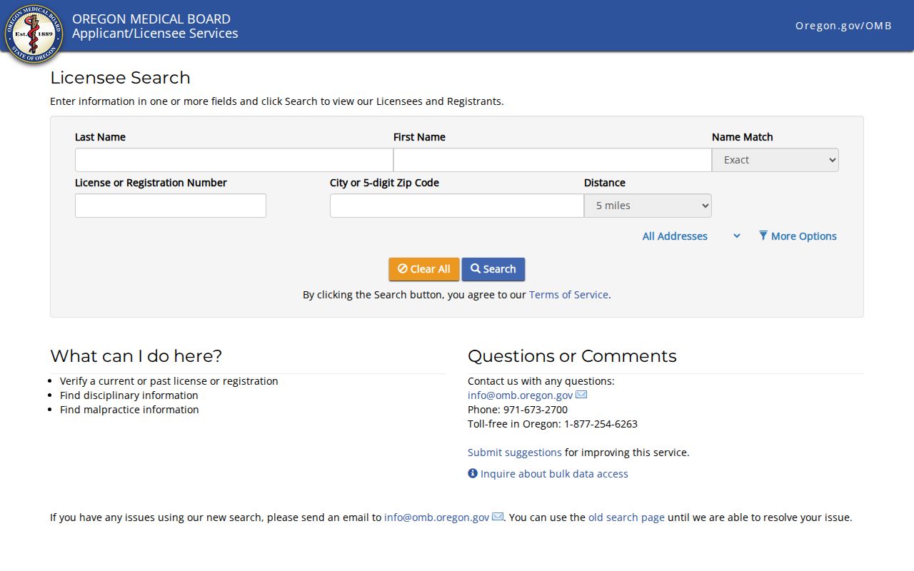 Salem ZIP code source showing Oregon Medical Board search options